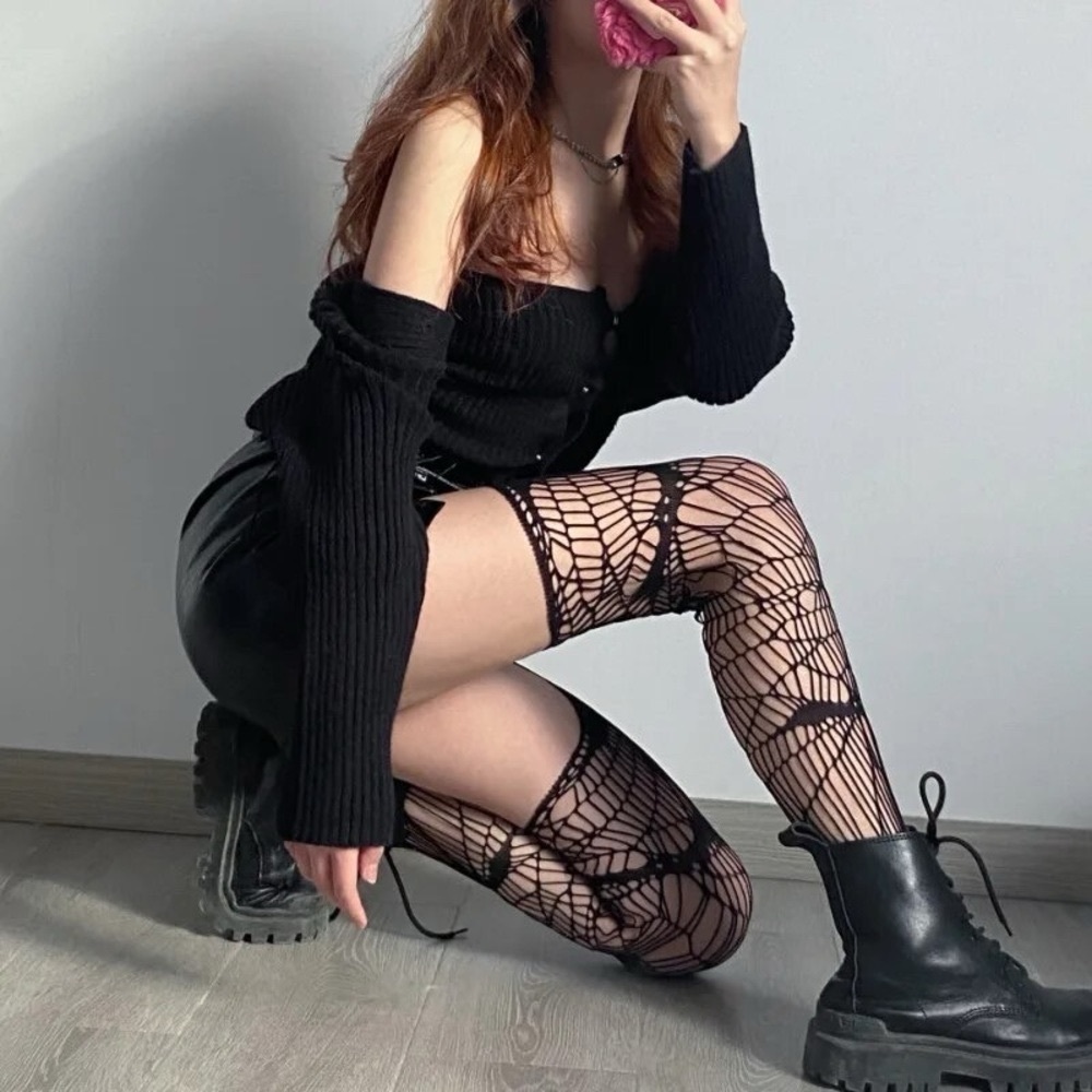 NWT bat web fishnet tights open crotch spider gothic punk edgy stockings black